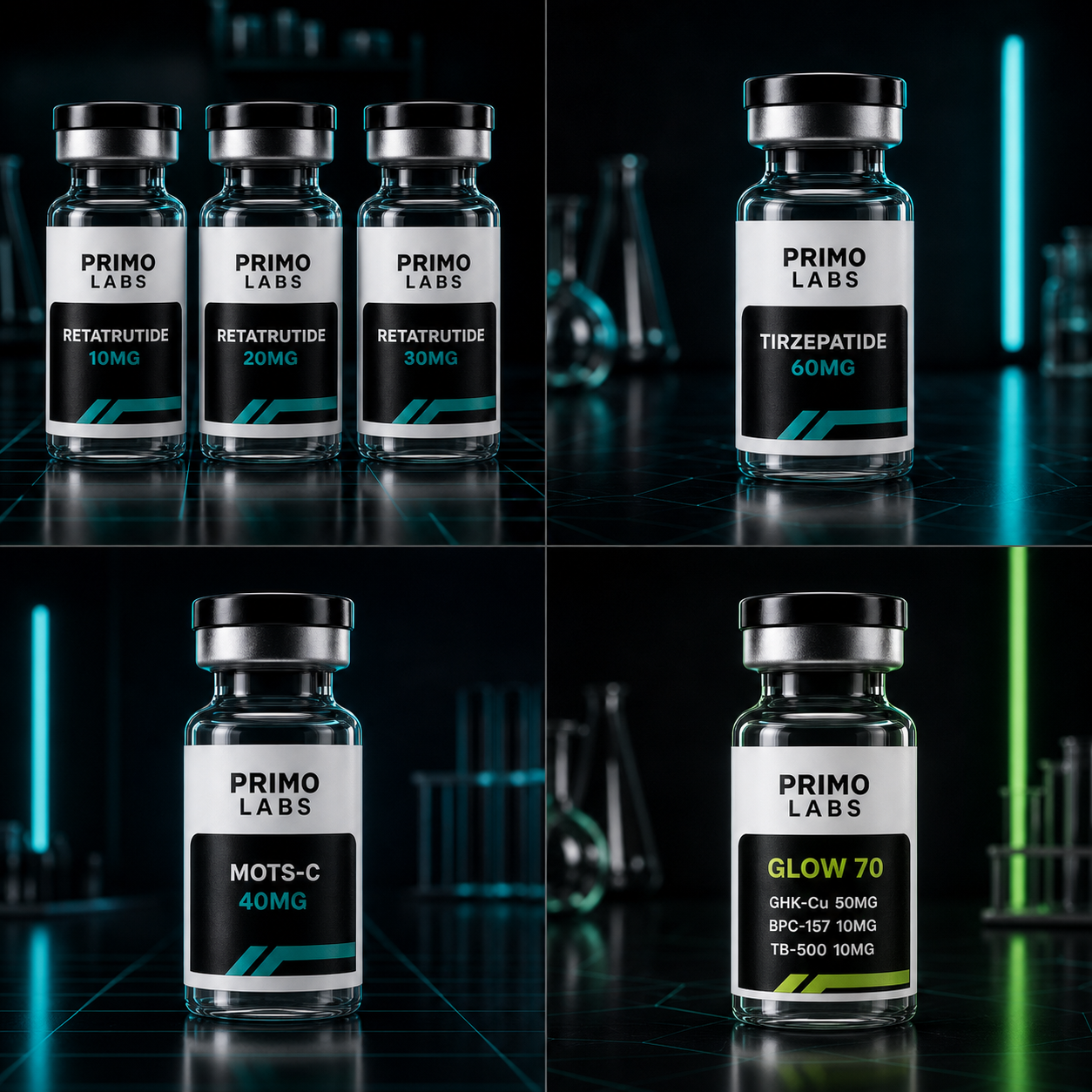 Primo Labs Retatrutide 10mg, 20mg, and 30mg vials