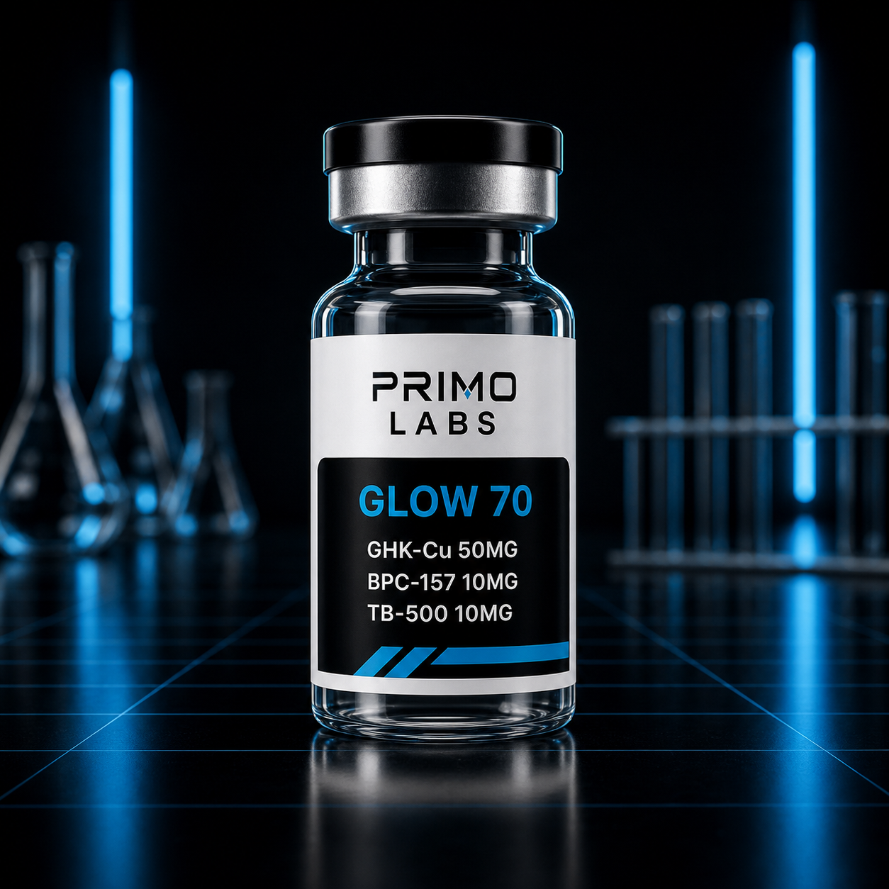 Primo Labs GLOW 70mg vial with GHK-Cu, BPC-157, and TB-500 label