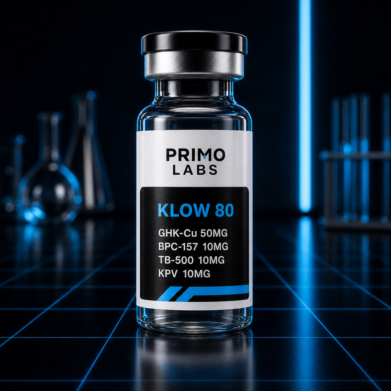 Primo Labs KLOW 80mg vial with GHK-Cu, BPC-157, TB-500, and KPV label