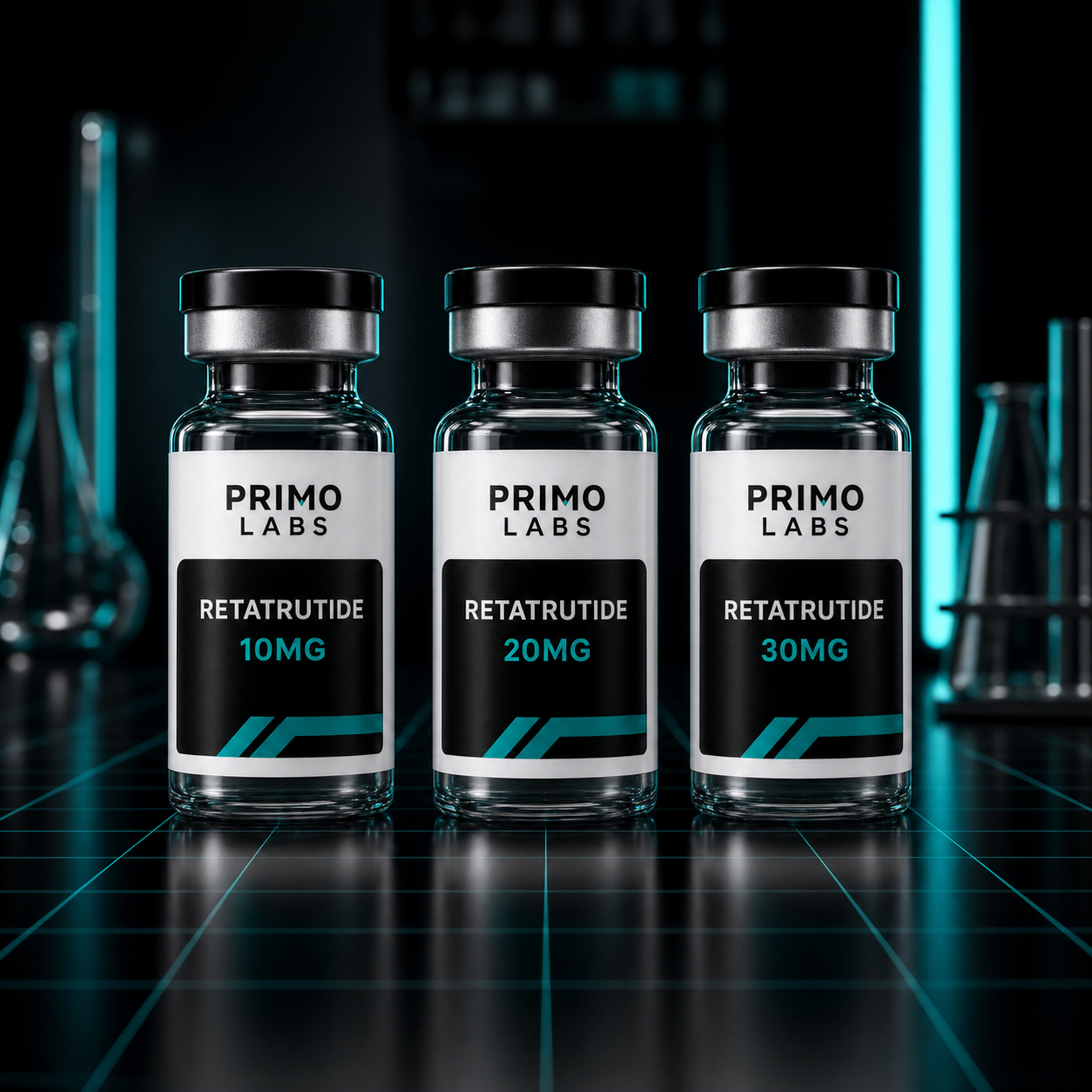 Primo Labs Retatrutide 10mg, 20mg, and 30mg vials